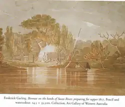 Kamperen op de oevers tijdens de verkenning van de Swan in 1827 door Garling