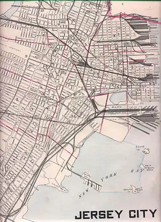 De geografie langs de oevers van New Jersey aan de Upper New York Bay vóór het opspuiten van land.