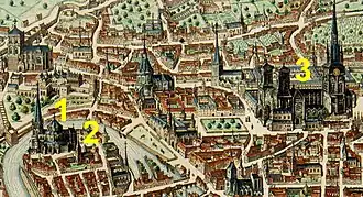 Detail van een kaart van Luik (Joan Blaeu, 1649) met Sint-Janskerk, Sint-Adalbertkerk (doopkerk) en Sint-Lambertuskathedraal (nrs. 1-3)