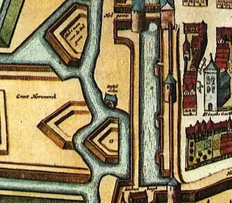 Uitsnede van de kaart van Venlo uit 1652 van Joan Blaeu, met in het midden de Distelmolen