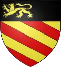 Blason +á la bande noire en haut portant un lion jaune et rouge, trois bandes jaunes et trois bandes rouges obliques sur les deux tiers bas.