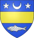 Blason sur fond bleu, une barre jaune horizontale au centre, surmont+®e dÔÇÖun croissant et de deux +®toiles dans les angles, un poisson dans la pointe.