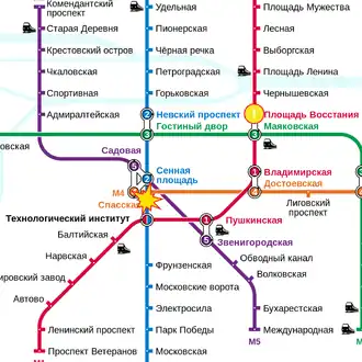 Plaats van de bomaanslag aangeduid op een kaart van het metronetwerk van Sint-Petersburg