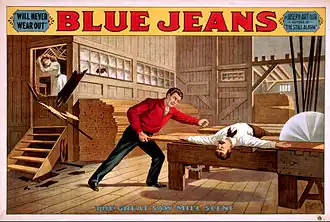 poster uit 1899 met de iconische houtzagerijscène uit Blue Jeans