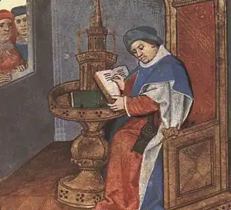 Miniatuur uit het manuscript Roman de la rose (Oxford, Bodleian Library), portret van Guillaume de Lorris, gezeten in seigneuriale stoel