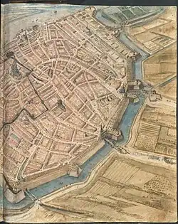 De Spaanse omwalling en de Kipdorpbrug (met poort) in 1594