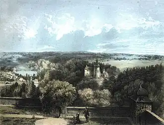 Burg Rode en Herzogenrath, gezien vanaf de Abdij Rolduc (lithografie van Alexander Schaepkens, ca. 1850)