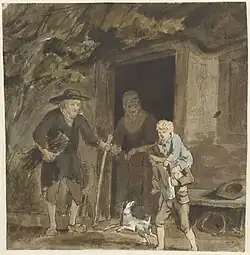 Boerengezin bij de deur van hun woning