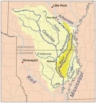de loop van de Bayou Bartholomew vrijwel parallel aan de Boeuf