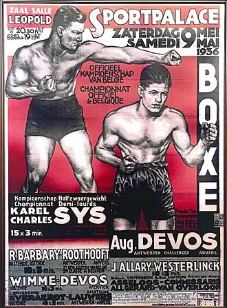 Affiche voor de Belgische bokskampioenschappen in 1936 met links Karel Sys.