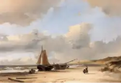 Bomschuiten met vissersvolk op het strand (1843)