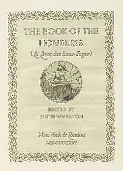 Kaft van het boek The Book of the Homeless dat werd gedrukt door de Merrymount Press. Op de voorkant is een vrouw met een sjaal om haar hoofd afgebeeld die een baby borstvoeding geeft. De kaft is versierd met getekende bladeren in de vorm van een rechthoek.