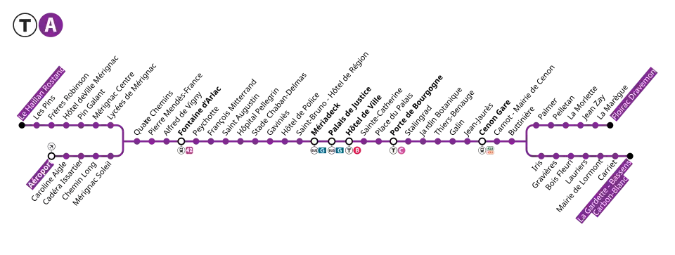 Kaart van lijn A van de tramlijn van Bordeaux