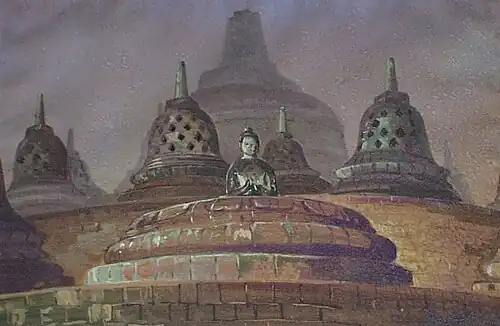 De Borobudur op een schilderij