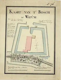 Het 'Bosch te Watum' dat deels op de dijk ten noorden van boerderij Hoogwatum lag. Gemaakt in verband met het plaatsen van de omheining rond het bos (op tekening) in 1809