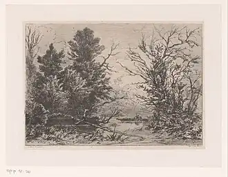 Boslandschap met vijver en roeiboot, ets