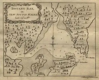 Kaart van Botany Bay uit 1773 gebaseerd op de gegevens van James Cook