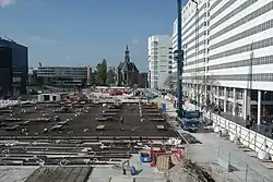 Zicht op de Nieuwe Kerk tijdens de bouw van het Amare/OCC (2017)