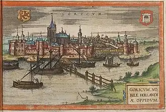afbeelding van Gorinchem uit 1572 door Georg Braun en Frans Hogenberg.