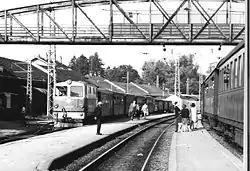 De Bregenzerwaldbahn en normaalspoor materieel onder de Gulaschbrücke in juli 1964.