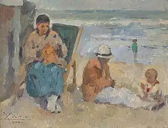 Breien op het strand, ca. 1915-1916