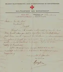 Brief van 29 december 1916 van het Rode Kruis die de dood van Octaaf Van der Stock aankondigt