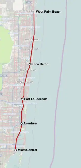 Map of the Brightline route