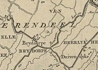 Een kaart uit 1753, met de voormalige kasteellocatie als heuveltje rechtsboven het dorp Brijdorpe