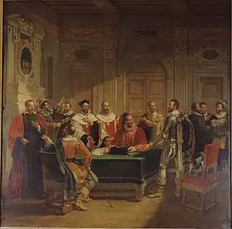 Ambrosius des Escotais op een schilderij van Charles-Jacques Lebel