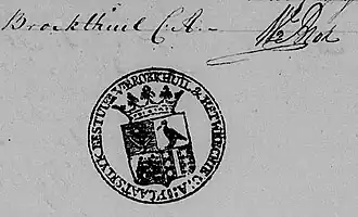 Handtekening van de schout Willem Blok met afdruk wapen van het plaatselijk bestuur v[an] Broek, Thuil & Het Weechje c.a.