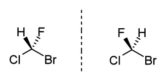 Structuurformule van beide enantiomeren van broomchloorfluormethaan