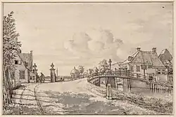 Een afbeelding uit 1816 van Gerrit Lamberts van de brug over de Haarlemmervaart hier, met het tolhek aan de Haarlemmerweg; die brug dateert uit 1792