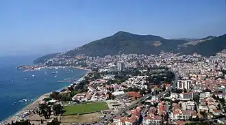 Zicht op Budva met links het Lugovi Stadion vlak bij het strand