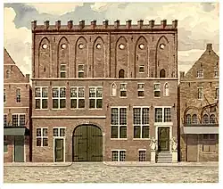 Huis met de 13 tempels, door Bernardus Bueninck overgenomen vanaf een 17e-eeuws schilderij van Herman Collenius met Chronos (god van de tijd) met het oude huis dat vroeger in het huis hing.