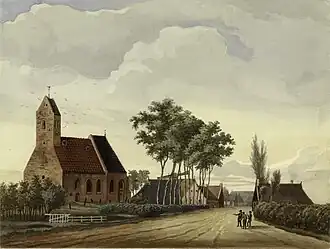 De in 1877 afgebroken kerk van Lutjegast op een schilderij van Bernardus Bueninck uit 1908. Naar een tekening uit de jaren 1860.