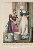 Een Amsterdams dienstmeisje en een melkmeisje (litho uit 1828).