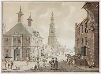 Grote Markt in 1782 met waag en herberg Het Gouden Hoofd. Aquarel van Jan Bulthuis.