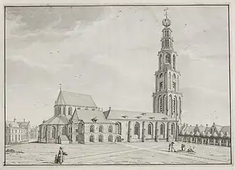 Martinikerkhof met Martinikerk noordzijde. Aquarel van Jan Bulthuis uit 1774