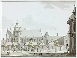 Het Provinciehuis met rechts de consistorie van de Martinikerk. Aquarel van Jan Bulthuis uit 1774
