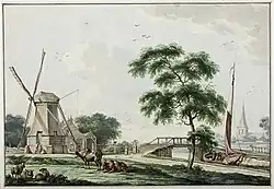 De Ulrumertil aan de Trekvaart (later werd hier het Hunsingokanaal gegraven) met de pelmolen (afgebroken in 1786) en op de achtergrond de kerktoren van Ulrum (Bulthuis, 1784)