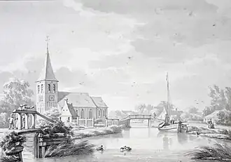 Gezicht op Zuidwolde in 1773 door Jan Bulthuis met links op de achtergrond de kerk van Zuidwolde voor de inkorting van 1854