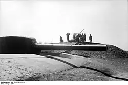 Deens kanon met Duitse flak op achtergrond