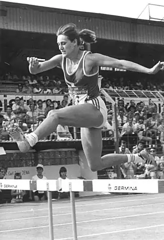 Sabine Busch tijdens de Oost-Duitse kampioenschappen in 1986