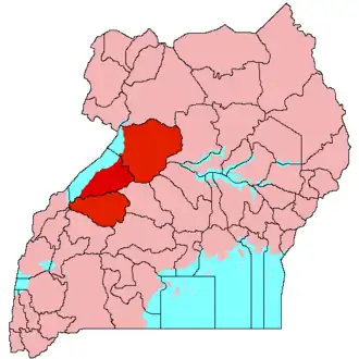Het huidige koninkrijk Bunyoro-Kitara (in rood)