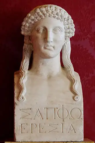 "Sappho Eresia" (Sappho uit het dorp Eresos op Lesbos). Romeinse kopie van de zogenaamde Sappho herme (Griekse grenssteen) uit de vijfde eeuw v.Chr.
