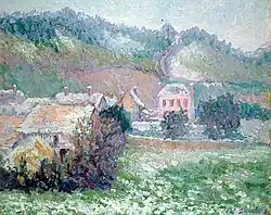 Schoolgebouw onder de sneeuw