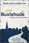 Bord bij de stadsgrens van Buxtehude met verwijzing naar het sprookje