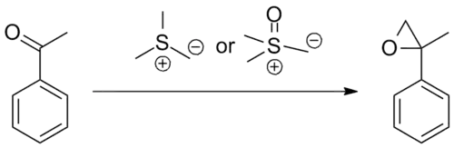Reactieverloop met sulfonium- of sulfoxoniumylide, volgens Corey en Chaykovski.