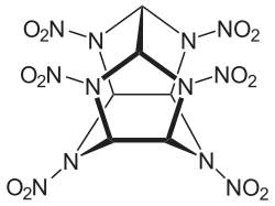 Structuurformule van hexanitrohexa-aza-isowurtzitaan