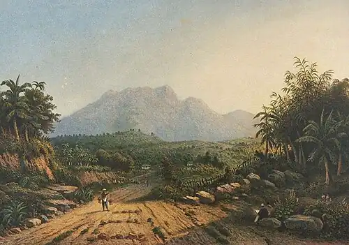 "De Goenong Prahoe gezien vanaf Pelantoengan" Litho naar een oorspronkelijke tekening van J.S.G. Gramberg. Pagina 9 van de map "De Indische Archipel", Den Haag, 1865-1876.